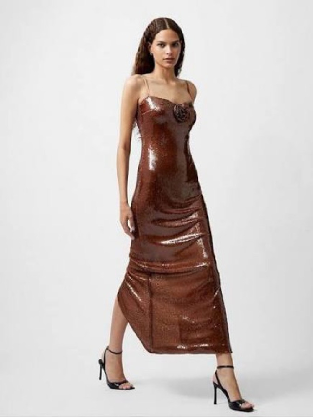 French Connection Brown Sequin Maxi Slip Dress